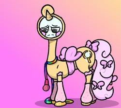 Size: 915x813 | Tagged: artist needed, safe, derpibooru import, part of a set, ponified, pony, unicorn, bow, clothes, dandy's world, glisten (dandy's world), horn, image, large butt, leg warmers, male, microphone, mirror, png, roblox, rule 85, sad, solo, stallion, wat