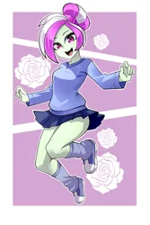 Size: 2000x3000 | Tagged: safe, artist:nekojackun, derpibooru import, oc, oc:rosemile mulberry, unofficial characters only, equestria girls, g4, clothes, female, flower, image, leg warmers, looking at you, microskirt, miniskirt, open mouth, passepartout, png, rose, schrödinger's pantsu, skirt, smiling, solo, sweater