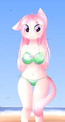 Size: 1608x3000 | Tagged: suggestive, artist:scarlet-spectrum, derpibooru import, oc, oc:spectral wind, unofficial characters only, anthro, pony, unguligrade anthro, anthro oc, beach, bikini, breasts, chest fluff, cleavage, clothes, cloud, commission, digital art, ear fluff, eye clipping through hair, female, fluffy, image, mare, png, sand, sky, smiling, solo, solo female, swimsuit, thigh gap, umbrella, wide eyes