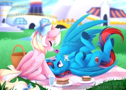 Size: 1260x900 | Tagged: safe, artist:scarlet-spectrum, derpibooru import, oc, oc:bay breeze, oc:swiftwing, unofficial characters only, pegasus, pony, g4, basket, belly, bow, building, canterlot, couple, cute, duo, duo male and female, eyes closed, female, flower, folded wings, food, grass, hair bow, happy, image, large wings, lying down, male, mare, mouth hold, oc x oc, on back, outdoors, picnic, picnic basket, picnic blanket, png, sandwich, shipping, spread wings, stallion, straight, swiftbreeze, tail, tail bow, wings