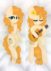 Size: 714x1000 | Tagged: safe, artist:fluttershy369, derpibooru import, pear butter, earth pony, pony, g4, body pillow, body pillow design, commission, cute, ear fluff, eyes closed, female, flower, flower in hair, guitar, image, mare, musical instrument, pearabetes, png, solo