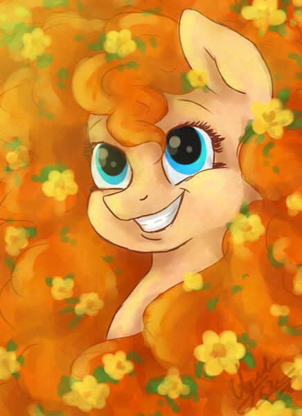 Size: 2087x2873 | Tagged: safe, artist:spacesheep-art, derpibooru import, pear butter, earth pony, pony, g4, the perfect pear, female, huge mane, image, impossibly large mane, jpeg, mare, smiling, solo