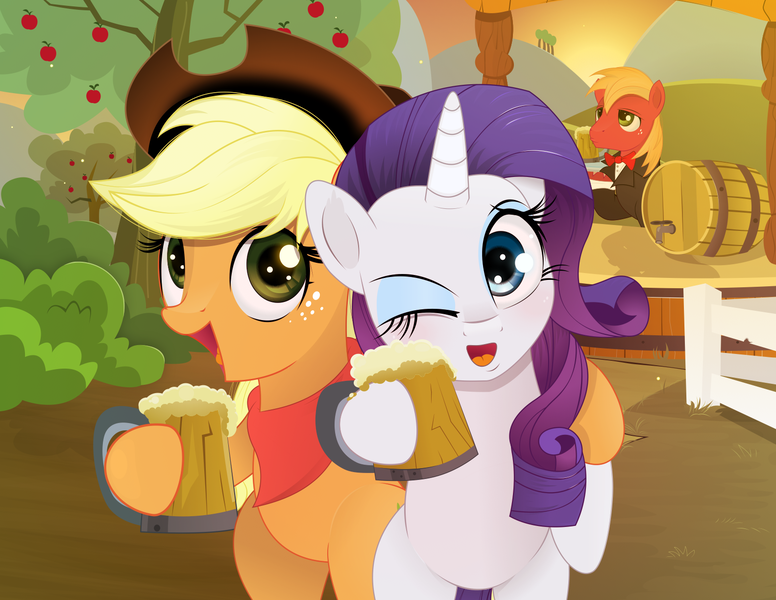 Size: 1584x1224 | Tagged: safe, artist:coltsteelstallion, derpibooru import, applejack, big macintosh, rarity, earth pony, pony, unicorn, g4, apple cider, bandana, bowtie, cowboy hat, female, hat, hind legs, horn, image, male, mare, mug, one eye closed, png, side hug, stallion, stetson, tray, waiter, wink