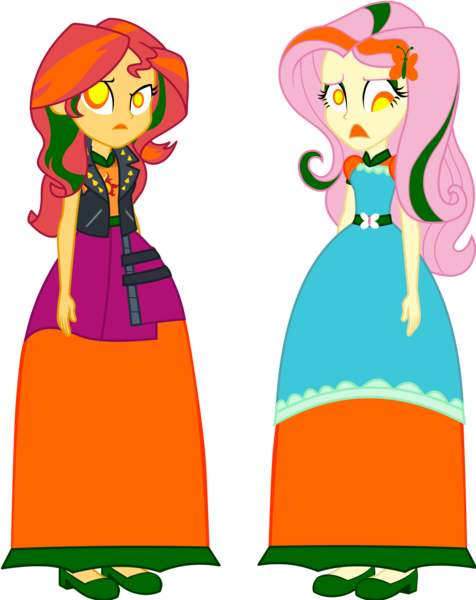 Size: 2789x3517 | Tagged: safe, artist:cartoonmasterv3, derpibooru import, fluttershy, sunset shimmer, human, undead, zombie, equestria girls, g4, clothes, disguise, dress, halloween, halloween 2024, holiday, image, infected, long dress, long skirt, png, skirt, vector