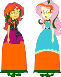 Size: 2789x3517 | Tagged: safe, artist:cartoonmasterv3, derpibooru import, fluttershy, sunset shimmer, human, undead, zombie, equestria girls, g4, clothes, disguise, dress, halloween, halloween 2024, holiday, image, infected, long dress, long skirt, png, skirt, vector