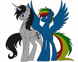 Size: 2500x2000 | Tagged: safe, artist:ruchiyoto, derpibooru import, oc, oc:black cross, oc:rainbow storm, unofficial characters only, pegasus, pony, unicorn, ear piercing, horn, image, jewelry, jpeg, male, necklace, piercing, simple background, stallion, white background