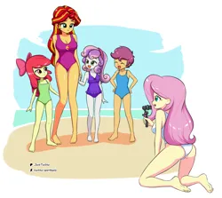 Size: 1866x1664 | Tagged: safe, artist:twilite-sparkleplz, derpibooru import, apple bloom, fluttershy, scootaloo, sunset shimmer, sweetie belle, human, equestria girls, g4, apple bloom's bow, bare legs, barefoot, beach, blue swimsuit, blush lines, blushing, bow, breasts, busty sunset shimmer, butt, camera, cleavage, clothes, cutie mark, cutie mark crusaders, cutie mark on clothes, deviantart logo, drop shadow, eyebrows visible through hair, eyes closed, feet, flutterbutt, green swimsuit, hair bow, hairband, hand on hip, hands on hip, happy, holding hands, image, kneeling, ocean, one-piece swimsuit, open mouth, open smile, outdoors, png, pose, purple swimsuit, shiny hair, shiny skin, signature, sky, smiling, swimsuit, thigh gap, toes, water, white swimsuit