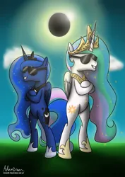 Size: 2059x2912 | Tagged: safe, artist:greenflyart, derpibooru import, princess celestia, princess luna, alicorn, pony, g4, bipedal, cloud, crossed hooves, crown, deviantart watermark, duo, eclipse, ethereal mane, ethereal tail, female, hoof shoes, image, jewelry, mare, obtrusive watermark, png, regalia, royal sisters, siblings, simple background, sisters, smiling, solar eclipse, starry mane, starry tail, sunglasses, tail, transparent background, watermark