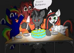 Size: 1714x1218 | Tagged: safe, artist:micaruss, derpibooru import, oc, oc:black cross, oc:emala jiss, oc:rainbow storm, oc:tootsie4ever, unofficial characters only, pegasus, pony, unicorn, zebra, birthday cake, birthday gift, cake, female, food, happy birthday, horn, image, jpeg, male, mare, stallion, table