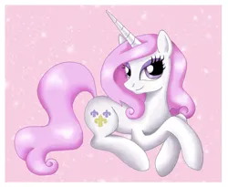 Size: 950x779 | Tagged: safe, artist:mel-rosey, derpibooru import, fleur-de-lis, pony, unicorn, g4, cute, female, fleurabetes, horn, image, jpeg, lying down, mare, prone, solo