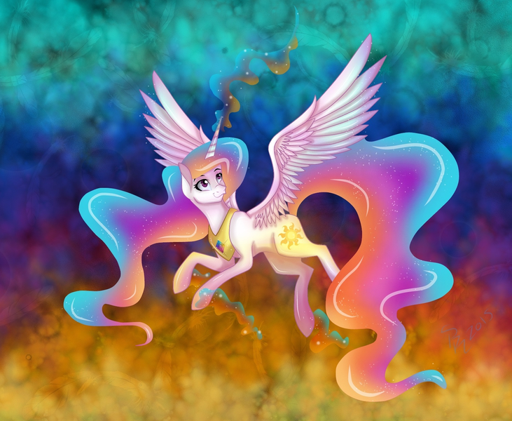 Size: 1499x1230 | Tagged: safe, artist:derpsonhooves, derpibooru import, princess celestia, alicorn, pony, g4, female, flying, image, magic, mare, png, solo