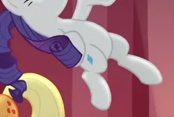 Size: 663x447 | Tagged: safe, derpibooru import, screencap, rarity, pony, unicorn, fame and misfortune, g4, belly, cropped, horn, image, midair, offscreen character, pictures of bellies, png, solo focus, we're not flawless