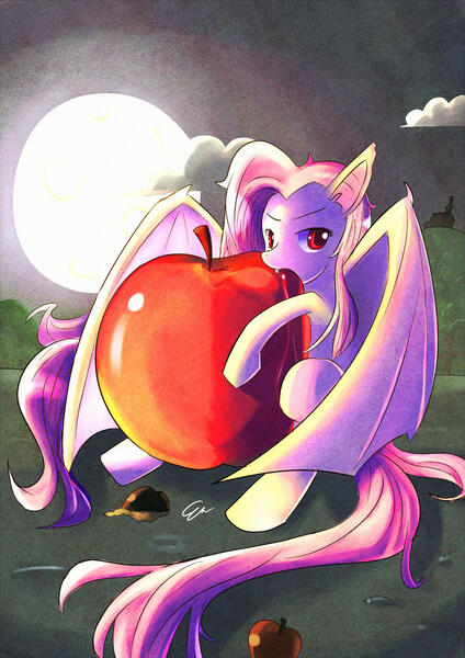 Size: 1240x1753 | Tagged: safe, artist:rizkitsuneki, derpibooru import, fluttershy, bat pony, pony, g4, apple, bat ponified, female, flutterbat, food, giant apple, image, jpeg, moon, night, race swap, solo