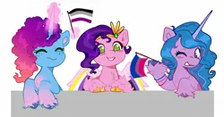 Size: 1280x669 | Tagged: safe, artist:afrayedfox, derpibooru import, izzy moonbow, pipp petals, pegasus, unicorn, g5, asexual pride flag, bisexual pride flag, bracelet, horn, image, jewelry, jpeg, lgbt, magic, misty brightdawn, no pupils, nonbinary, pride, pride flag, shiny hooves, simple background, trio, white background