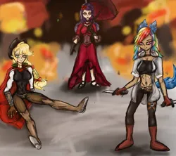 Size: 900x800 | Tagged: safe, artist:darklight402, derpibooru import, applejack, rainbow dash, rarity, human, undead, vampire, werewolf, g4, appledash, autumn, female, humanized, image, jpeg, lesbian, polyamory, rarijack, rarijackdash, ship:raridash, shipping, vampire hunter