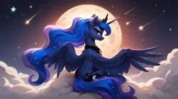 Size: 3200x1792 | Tagged: safe, ai content, anonymous prompter, derpibooru import, machine learning generated, princess luna, alicorn, pony, g4, both cutie marks, cloud, ear fluff, eyeshadow, feathered wings, female, image, looking at you, looking back, looking back at you, makeup, mare, moon, png, shooting star, sitting, solo, spread wings, stars, wings