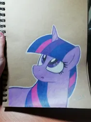 Size: 3120x4160 | Tagged: safe, artist:mashee, derpibooru import, twilight sparkle, pony, unicorn, g4, colored, ears up, female, horn, image, jpeg, lineart, looking at something, looking up, mare, original art, photo, shading, solo, solo female, traditional art, twilight mane, unfinished art, unicorn twilight