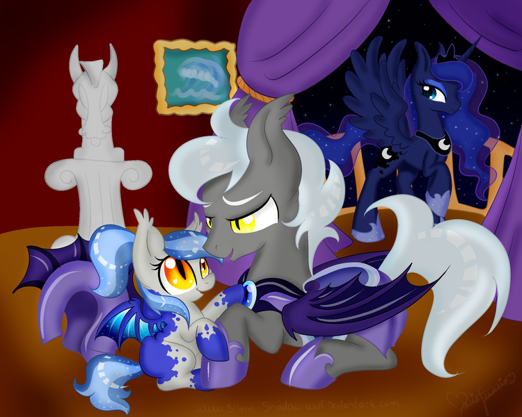 Size: 2000x1600 | Tagged: safe, artist:pvrii, derpibooru import, princess luna, oc, oc:charcoal dash, oc:midnight radiance, bat pony, pony, g4, female, filly, foal, image, night guard, png