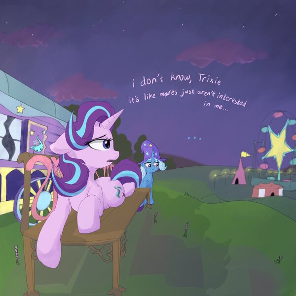 Size: 4096x4096 | Tagged: safe, artist:zzzsleepy, derpibooru import, starlight glimmer, trixie, pony, unicorn, g4, bench, blushing, clothes, dialogue, female, ferris wheel, floppy ears, hat, horn, image, jpeg, lesbian, lying down, night, oblivious, open mouth, outdoors, shipping, startrix, sweat, trixie's hat, trixie's wagon, wagon