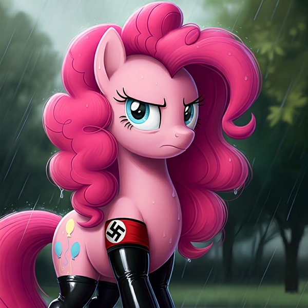 Size: 2048x2048 | Tagged: questionable, ai content, derpibooru import, generator:imagen 3, machine learning generated, pinkie pie, earth pony, armband, clothes, image, jpeg, latex, latex socks, nazi, nazi armband, rain, socks, solo