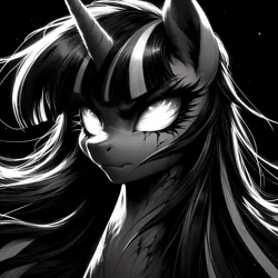 Size: 2128x2128 | Tagged: safe, ai content, anonymous prompter, machine learning generated, twilight sparkle, pony, unicorn, ai cover, angry, black background, bust, front view, generator:bing image creator, generator:dall-e 3, glowing eyes, grayscale, horror, image, monochrome, png, simple background, solo, stars, stern, twilight snapple