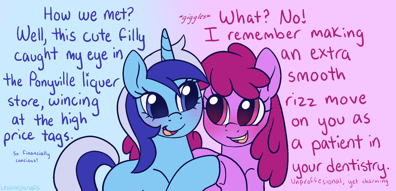 Size: 2189x1056 | Tagged: safe, artist:leopardsnaps, derpibooru import, berry punch, berryshine, minuette, earth pony, pony, unicorn, g4, dialogue, duo, female, gradient background, holding hooves, horn, image, lesbian, looking at each other, looking at someone, mare, misspelling, png, ship:berrygate, shipping, talking