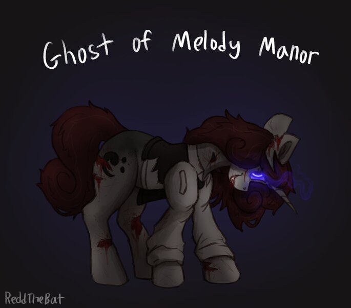 Size: 2122x1858 | Tagged: semi-grimdark, artist:reddthebat, derpibooru import, part of a set, oc, oc:violina (reddthebat), unofficial characters only, ghost, ghost pony, pony, undead, unicorn, bleeding, blood, clothes, creepy, creepy smile, cut, female, glow, glowing eyes, gradient background, grin, horn, image, jpeg, mare, neck wound, shrapnel, signature, smiling, text, torn clothes, torn ear