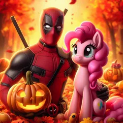 Size: 1024x1024 | Tagged: safe, ai content, derpibooru import, machine learning generated, prompter:bluey2309, pinkie pie, human, autumn, deadpool, female, halloween, holiday, image, jack-o-lantern, jpeg, male, marvel, pumpkin, superhero