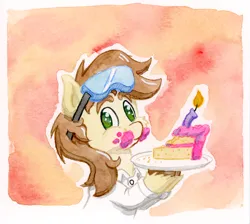 Size: 1086x974 | Tagged: safe, artist:lost marbles, derpibooru import, oc, oc:caspasin42, unofficial characters only, birthday, cake, calpain, candle, clothes, food, goggles, goggles on head, image, lab coat, plate, png, traditional art, unshorn fetlocks, watercolor painting