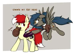 Size: 3750x2750 | Tagged: safe, artist:aaathebap, derpibooru import, oc, oc:aaaaaaaaaaa, oc:quick service, bat pony, pegasus, pony, angry, duo, female, floppy ears, flying, hat, image, mare, png, spread wings, stealing, wings