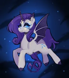 Size: 885x1000 | Tagged: safe, artist:yutailaarts, derpibooru import, rarity, bat pony, pony, unicorn, g4, bat ponified, colored eartips, colored hooves, colored horn, female, flying, hooves, horn, image, jpeg, lidded eyes, mare, ponytober, ponytober 2024, race swap, raribat, smiling, solo, spread wings, wings