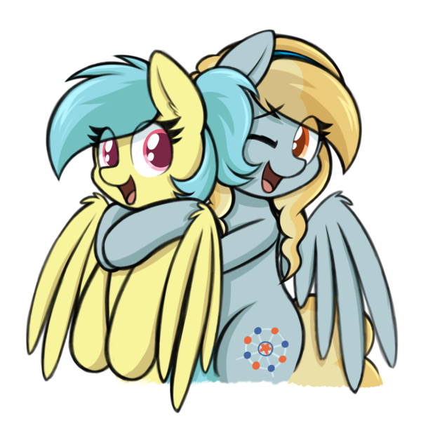 Size: 809x809 | Tagged: safe, artist:aaathebap, derpibooru import, oc, oc:fair flyer, oc:soirée, pegasus, pony, duo, female, happy, hug, hug from behind, image, mare, mare fair, png, snowpity inc.