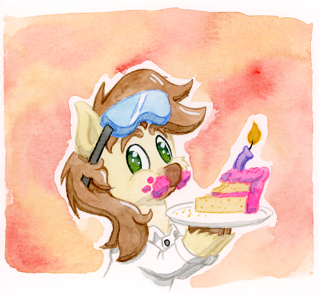 Size: 1057x978 | Tagged: safe, artist:lost marbles, derpibooru import, oc, oc:caspasin42, unofficial characters only, earth pony, pony, birthday, cake, calpain, candle, clothes, food, goggles, image, lab coat, png, traditional art