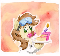 Size: 1057x978 | Tagged: safe, artist:lost marbles, derpibooru import, oc, oc:caspasin42, unofficial characters only, earth pony, pony, birthday, cake, calpain, candle, clothes, food, goggles, image, lab coat, png, traditional art