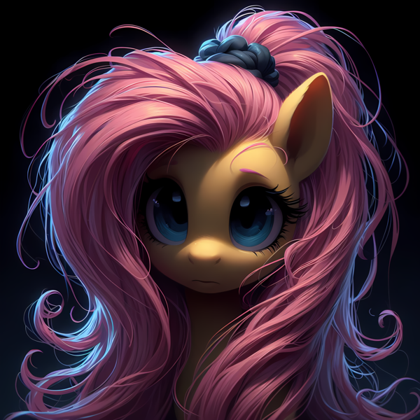 Size: 4096x4096 | Tagged: safe, ai content, anonymous prompter, machine learning generated, fluttershy, pegasus, pony, absurd resolution, black background, bust, dark, generator:bing image creator, generator:dall-e 3, image, png, ponytail, scrunchie, simple background, solo, upscaled