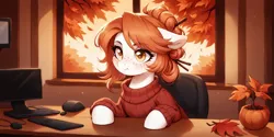 Size: 2400x1200 | Tagged: safe, ai content, derpibooru import, machine learning generated, prompter:greesys, oc, oc:victoria orlova, pony, autumn, clothes, computer, image, png, solo, sweater, window