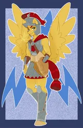 Size: 1650x2550 | Tagged: safe, artist:inkkeystudios, derpibooru import, flash magnus, anthro, pegasus, unguligrade anthro, g4, armor, bedroom eyes, greaves, helmet, hooves, image, jpeg, male, netitus, shield, solo, spread wings, wings