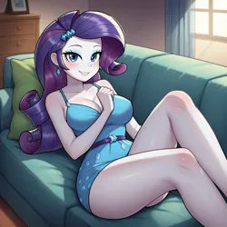 Size: 1536x1536 | Tagged: suggestive, ai content, derpibooru import, machine learning generated, prompter:funnyglow144, stable diffusion, rarity, human, equestria girls, g4, bedroom eyes, big breasts, blushing, breasts, busty rarity, clothes, couch, crossed legs, dress, female, generator:pony diffusion v6 xl, grin, image, indoors, living room, looking at you, looking back, looking back at you, lying down, on back, on couch, png, purple dress, schrödinger's pantsu, sexy, smiling, solo, solo female, thighs, window