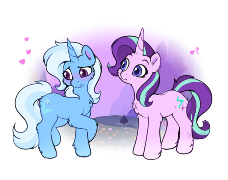 Size: 950x750 | Tagged: safe, artist:sekuponi, derpibooru import, starlight glimmer, trixie, pony, unicorn, g4, duo, duo female, female, horn, image, jpeg, lesbian, mare, shipping, startrix