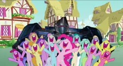 Size: 1241x677 | Tagged: safe, derpibooru import, berry punch, berryshine, daisy, flower wishes, lyra heartstrings, minuette, pinkie pie, sea swirl, seafoam, a friend in deed, g4, darkwing (transformers), image, jpeg, meme, ponyville, simple background, transformers, transformers one, transparent background