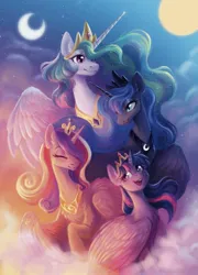 Size: 1311x1819 | Tagged: safe, artist:owlclare, derpibooru import, princess cadance, princess celestia, princess luna, twilight sparkle, twilight sparkle (alicorn), alicorn, pony, g4, alicorn tetrarchy, female, group, image, jewelry, jpeg, mare, moon, quartet, sun