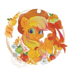 Size: 600x600 | Tagged: safe, artist:noblecrumble, derpibooru import, applejack, earth pony, pony, g4, apple, bread, bust, dessert, female, flower, food, fritter, image, looking at you, mare, png, portrait, simple background, smiling, smiling at you, solo, white background