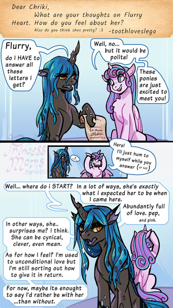 Size: 2166x3860 | Tagged: safe, artist:overlordneon, derpibooru import, princess flurry heart, oc, oc:chriki, alicorn, changeling, pony, g4, ask, changeling oc, chest fluff, comic, covering ears, dialogue, duo, duo female, female, high res, hoof hold, image, jpeg, mare, offspring, older, older flurry heart, paper, parent:queen chrysalis, speech bubble, talking to viewer, tumblr