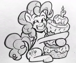 Size: 1024x849 | Tagged: safe, artist:pablosjuarez, derpibooru import, pinkie pie, earth pony, pony, g4, big smile, birthday, birthday cake, cake, candle, eyes closed, female, fire, food, grayscale, grin, happy, hug, image, jpeg, mare, monochrome, paper background, pencil drawing, sitting, smiling, solo, sprinkles, traditional art, unshorn fetlocks