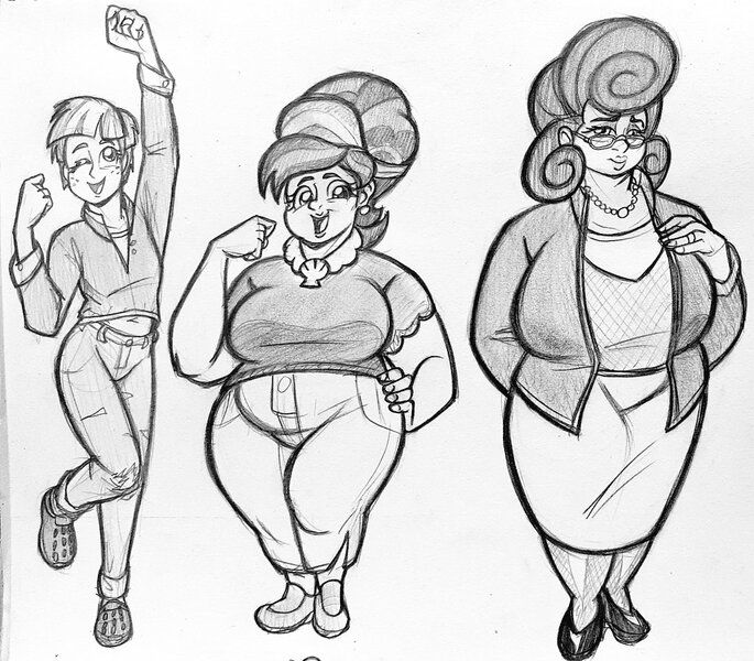 Size: 1024x897 | Tagged: safe, artist:pablosjuarez, derpibooru import, cookie crumbles, posey shy, windy whistles, human, g4, arms in the air, belly, belly button, big breasts, breasts, busty cookie crumbles, busty posey shy, chubby, chubby crumbles, crocs, fat, female, fist, grayscale, hand on hip, huge breasts, humanized, image, jpeg, larger female, lidded eyes, monochrome, one eye closed, open mouth, open smile, pencil drawing, physique difference, posey shyfat, simple background, size difference, skinny, smaller female, smiling, standing, standing on one leg, thicc thighs, thin, traditional art, trio, trio female, white background