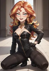 Size: 2560x3712 | Tagged: safe, ai content, derpibooru import, machine learning generated, stable diffusion, sunset shimmer, human, g4, bodysuit, boots, breasts, busty sunset shimmer, clothes, ear piercing, earring, female, freckles, generator:pony diffusion v6 xl, genshin impact, image, jewelry, latex, looking at you, mavuika (genshin impact), open mouth, piercing, png, prompter:foylertf, shoes, solo, solo female, squatting