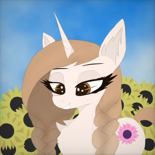 Size: 2048x2048 | Tagged: safe, artist:wornpaladin, artist:worny, derpibooru import, oc, unofficial characters only, fluffy pony, pony, unicorn, bedroom eyes, braid, brown eyes, brown mane, cloud, cutie mark, cyrillic, eyelashes, female, flower, fluffy, grass, horn, image, jpeg, shadow, simple background, sketch, sky, slavic, smiling, solo, solo female, solo focus, sunflower, ukraine, ukrainian