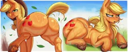 Size: 4360x1800 | Tagged: suggestive, artist:dominismortis, derpibooru import, applejack, earth pony, pony, g4, applebucking thighs, applebutt, applejack's hat, blushing, both cutie marks, breath, butt, cowboy hat, cutie mark, dirt, dirty hooves, dock, exhale, eyelashes, female, frog (hoof), grass, green eyes, hat, image, large butt, laying on ground, lidded eyes, looking at you, looking back, looking back at you, lying down, mare, open mouth, orange coat, outdoors, plot, png, prone, resting, sexy, simple background, smiling, solo, solo female, sweat, sweaty ass, sweaty butt, tail, tallulah, thicc ass, thicc thighs, underhoof, unshorn fetlocks