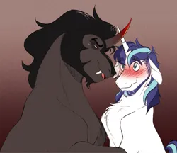 Size: 2048x1768 | Tagged: safe, artist:chub-wub, derpibooru import, king sombra, shining armor, pony, unicorn, g4, blushing, fangs, gay, grin, horn, image, infidelity, jpeg, male, nervous, nervous grin, ship:shiningsombra, shipping, size difference, smiling, stallion