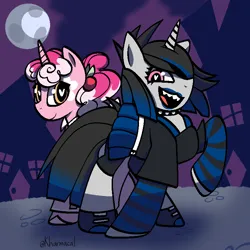 Size: 768x768 | Tagged: safe, artist:kharmacal, derpibooru import, oc, oc:pink melody, oc:strawberry poptart, unofficial characters only, unicorn, clothes, cosplay, costume, duo, horn, image, mlp fim's fourteenth anniversary, nightmare night, png, shading, sharp teeth, teeth, wingding eyes